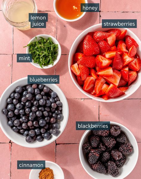 Mixed Berry Fruit Salad with Honey and Mint - Fed & Fit Berry Fruit Salad, Blueberry Mint, Blueberry Salad, Fed And Fit, Strawberry Mint, Strawberry Blueberry, Honey And Cinnamon, Mixed Berries, Yummy Eats