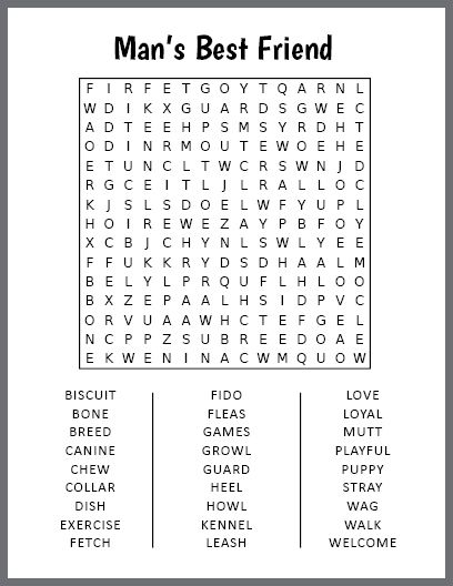 Free Printable Man's Best Friend Word Search Fill In Puzzles, Kids Word Search, Printable Crossword Puzzles, Word Search Puzzles Printables, Puzzle Pictures, Word Search Printables, Number Puzzles, Word Search Puzzles, Word Searches