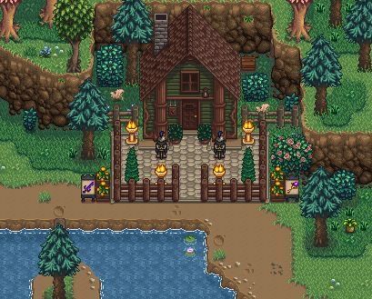 Stardew Valley Adventures Guild, Stardew Valley Exterior Design, Stardew Valley Coop Interior, Stardew Valley Layout Ideas, Stardew Farm Decoration, Stardew Valley Design Ideas, Stardew Valley Town Decoration, Stardew Valley Farm Decor, Stardew Decor Ideas