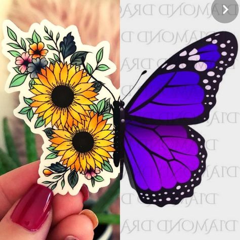 Butterfly And Sunflower Tattoo, Butterfly And Sunflower, Purple Butterfly Tattoo, Violet Tattoo, Butterfly Collage, Butterfly Sunflower, Pink Sunflowers, Morpho Butterfly, Butterfly Tattoos