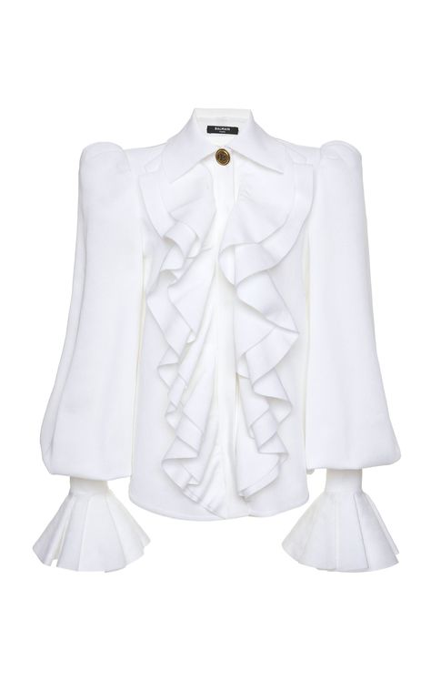 White Satin Blouse, Balmain Fashion, Blouse Tops Designs, Balmain Collection, Poplin Blouse, Chloe Dress, Ladies Shirts, Crop Top Outfits, Royal Fashion