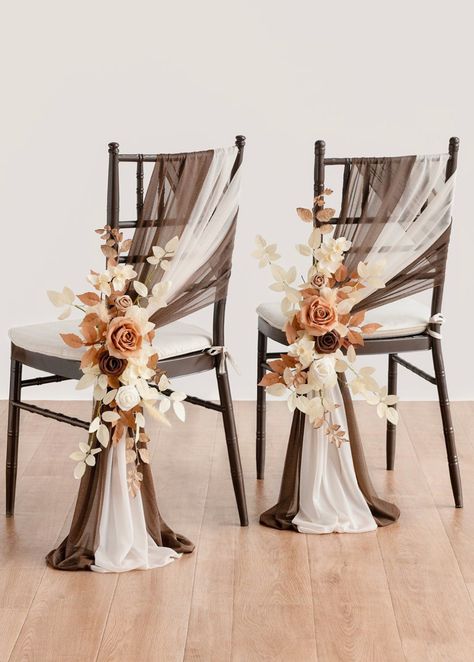 Brown And Cream Wedding, Mocha Wedding Theme, Chair Flower Decoration, Brown Wedding Decor, Chair Decor Wedding, Vendela Rose, Brides Chair, Flower Chair, Pew Flowers