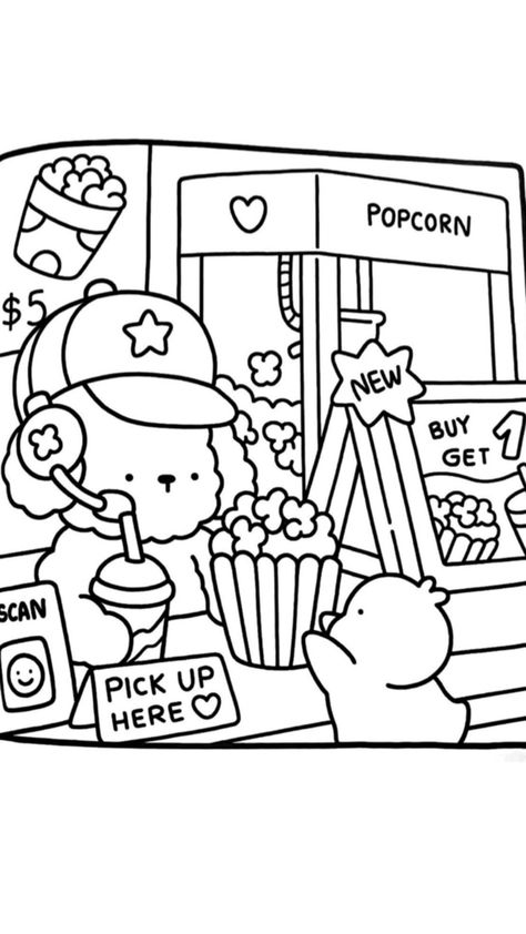 Cozy Coloring Pages Easy, Popcorn Coloring Page, Basic Coloring Pages, Bold Line Coloring Pages, Drawings To Color In, Cute Drawings To Print, Blank Drawings To Color, Cute Coloring Book Pages, Coloring Pages Bobbie Goods