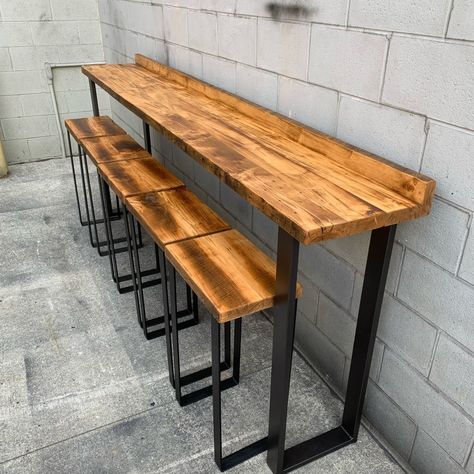 Rustic Bar Counter Design, Bar Table Room Divider, Bar Counter Outdoor Design, Bar Table And Stool, Long Table With Stools, Bartop Table, Wood Cafe Table, Diy Bar Table, Wooden Bar Counter