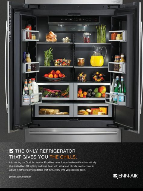 New Jenn-Air fridge with Obsidian interior color...MUST HAVE THIS! Unique Kitchen Appliances, Jenn Air Appliances, French Buildings, Refrigerator Decoration, Built In Refrigerator, Kitchen Photos, Unique Kitchen, House And Home Magazine, Luxury Kitchen