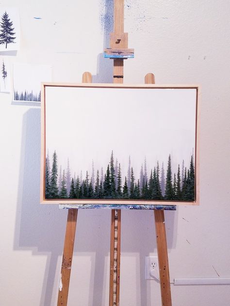 Minimalistic Misty Evergreen Trees Acrylic Painting for sale.   www.SarahGiesStudio.com Minimalist Tree Painting, Watercolour Minimalist Art, Simple Winter Paintings On Canvas, Winter Paintings, Minimalist Art Abstract, Kitchen Painting, Artwork Inspiration, Simple Acrylic, Watercolor Ideas