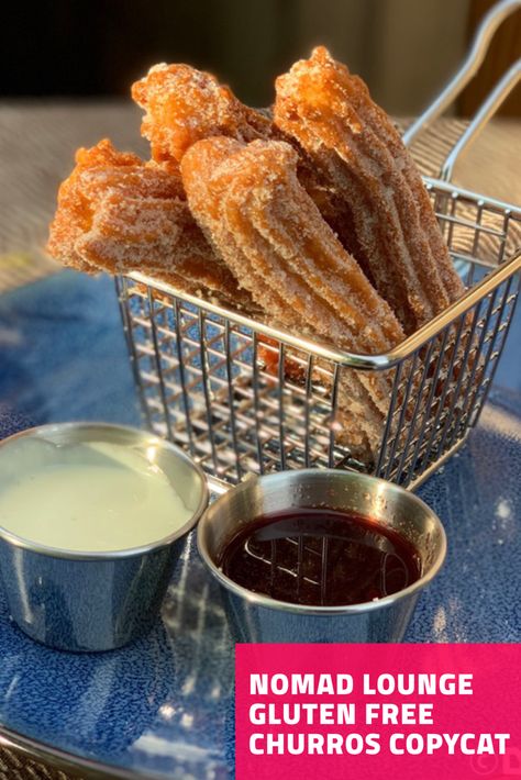 Disney Nomad Lounge’s Gluten-Free Churros w/ strawberry + vanilla sauces are obsession-worthy, and our copycat recipe is sure to impress all the animals in your kingdom! Thanks to Cooking Classy whose churros recipe is incredible w/ or w/o gluten (sub cup4cup flour)! Thanks to Gluten Free and Dairy Free at WDW #churros #gf #glutenfree #glutenfreerecipes #disneycopycatrecipes #ateco #disneylife #disneyfood #disneyworld #disney #cookingclassy #cup4cup Gluten Free Churros Recipe, Gluten Free Churros, Churros Recipe, Waffle Toppings, Gf Desserts, Cooking Classy, Gluten Free Snacks, Free Snacks, Copycat Recipe