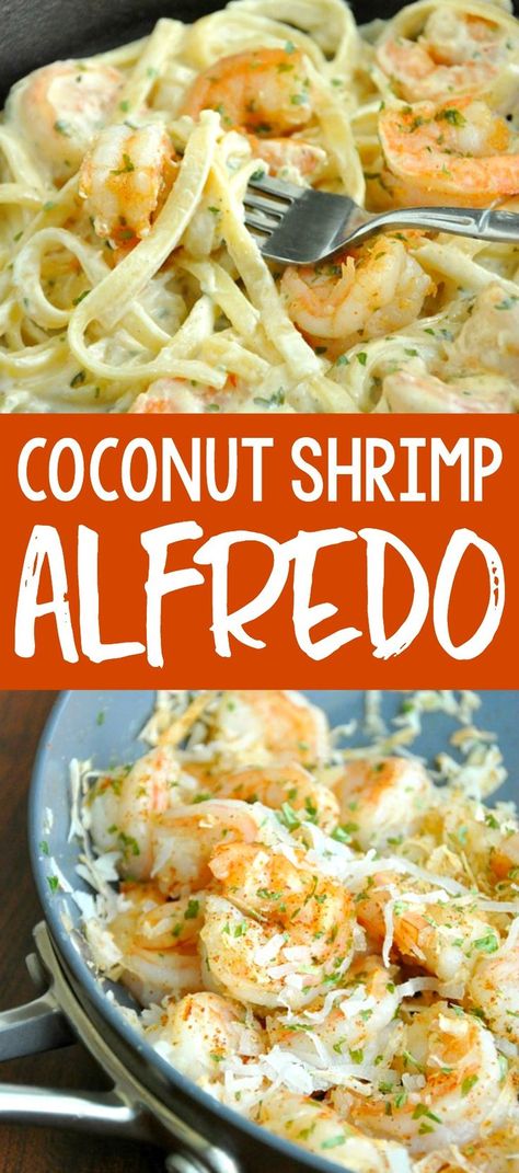 Fish Appetizers, Healthy Coconut Shrimp, Shrimp Alfredo Recipe, Fettucini Alfredo, Coconut Shrimp Recipes, Shrimp Alfredo, Alfredo Recipe, Alfredo Pasta, Coconut Shrimp