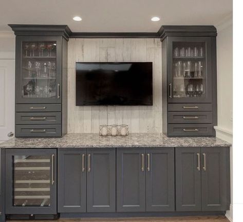 Bar Media Room, Wet Bar With Tv Above, Bar Area With Tv, Living Room Dry Bar, Home Bar With Tv, Bar With Tv, Basement Bar With Tv, Bar With Floating Shelves, Basement Wet Bar Ideas