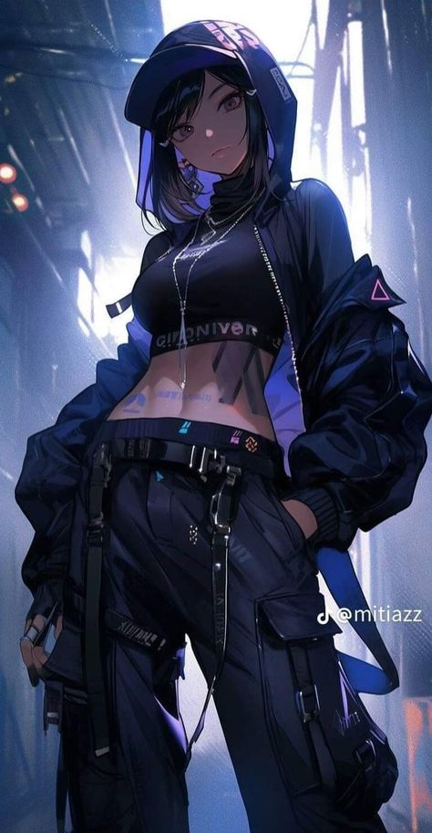 Punk Outfits Women, Girls Baggy Outfits, Girl Streetwear Outfit, Beginner Artist, Wallpaper Digital Art, Iconic Looks, Anime Black Hair, Streetwear Girl, Anime Streetwear