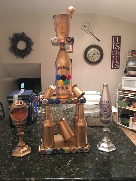 Beer Pong Trophy Diy, Beer Olympic Trophies, Beer Olympics Trophy Diy, Beer Olympics Party Decorations, Drinking Olympics Games, Beer Olympics Trophy, Yard Olympics, Beer Olympics Outfits, Beer Olympics Teams