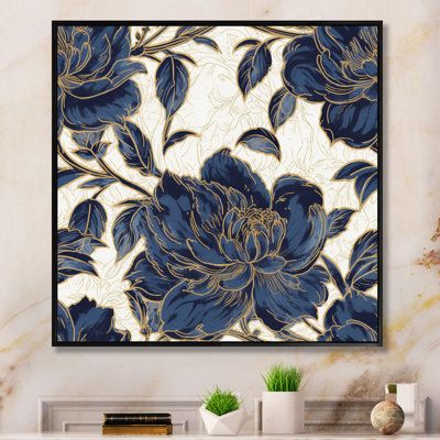 This beautiful "Blue gold peonies symphony IV" art is printed using the highest quality fade-resistant ink on canvas. This floral peony wall art is printed on premium quality cotton canvas, using the finest quality inks which will not fade over time. Each giclee print is stretched tightly ensuring the canvas is stretched and does not buckle. Every canvas print arrives ready to hang on the wall, with the hanging kits included. Size: 36" H x 36" W x 1.5" D, Format: Black Floater Framed | Red Barre Peony Wall Art, Mural Floral, Black Picture Frames, Studio Blue, Gold Picture Frames, Metal Artwork, House Inspo, Wall Art Living Room, Framed Canvas Art