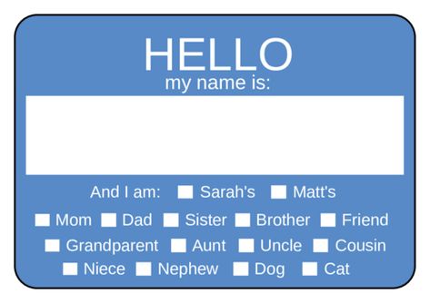 Make it easy for everyone to get to know each other at your rehearsal dinner, engagement party, or wedding celebrations with this printable label template. Text reads "Hello my name is" with space to write-in guest names. Name tag also includes "And I am mom/dad/sister/brother/friend/grandparent/aunt/uncle/cousin/niece/nephew" of the bride or groom. Wedding Name Tags, Printable Label Templates, Name Tag Templates, Rehearsal Dinner Decorations, Template Text, Family Help, Party Names, Wedding Name, Wedding Labels