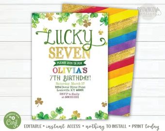 Lucky 7 birthday - Etsy Seventh Birthday, Lucky Seven, Lucky 7, 1st Birthday Invitations, First Birthday Invitations, Saint Patrick, Color Effect, 7th Birthday, Editable Invitations