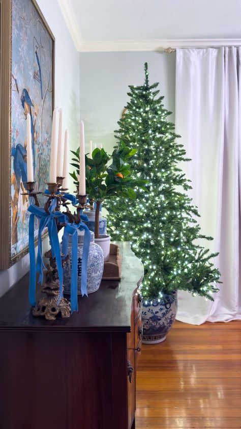 Using a Fishbowl or Planter as Christmas Tree Base - BELLE OMNILEY Blue And White Christmas Tree, Blue And White Christmas, Christmas Tree Base, Grand Millennial, Porcelain Planter, Blue And White Chinoiserie, White Pot, Tree Base, White Planters