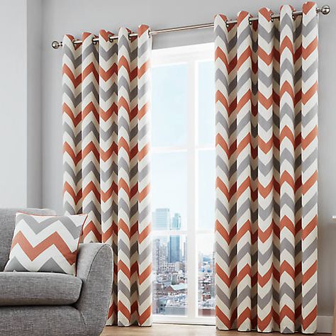 Chevron Pair of Eyelet Curtains Striped Curtains Living Room, Orange And Grey Curtains, Zigzag Design, Eyelet Curtains, Cape House, Curtains Width, Lined Curtains, Curtain Poles, Chevron Design