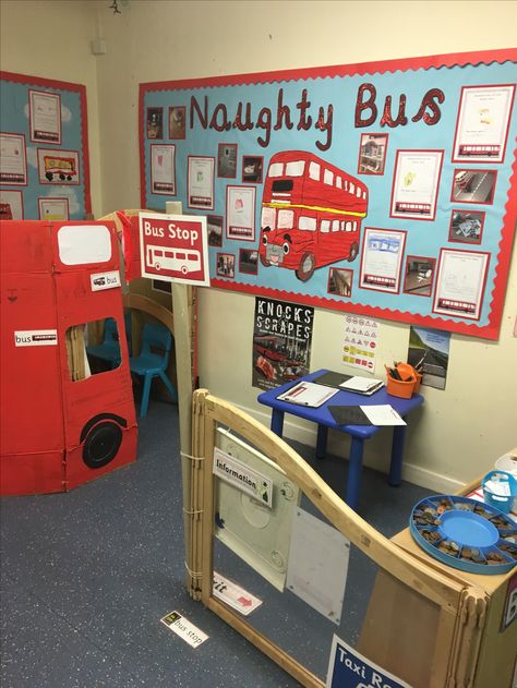 Naughty bus - bus station role play area Bus Station Dramatic Play, Eyfs Transport, Transport Eyfs, Eyfs Topics, Bus Activities, Investigation Table, Transport Activities, Toys Topic, Eyfs Outdoor Area