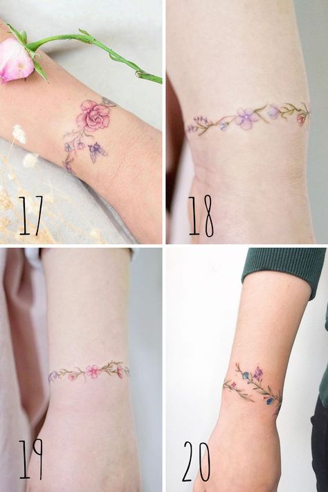 27 Flower Wrist Tattoo Ideas For Bracelet Tattoos - tattooglee Armband Tattoo Frau, Braclet Tattoo, Bracelet Tattoo For Man, Stammestattoo Designs, Tatuaje Cover Up, Wrap Around Wrist Tattoos, Wrist Band Tattoo, Tato Tradisional, Wrist Bracelet Tattoo