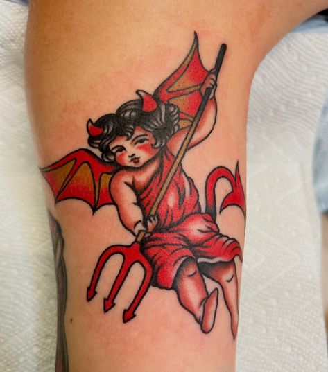 Traditional Luck Tattoo, Cherub Tattoo Traditional, Back Of Thigh Tattoo, Luck Tattoo, Traditional Tattoo Inspiration, Cherub Tattoo, L Tattoo, Devil Tattoo, Thigh Tattoos Women