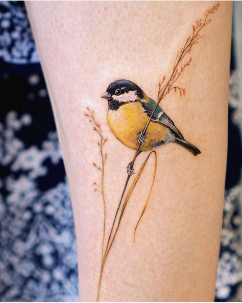 Australian Bird Tattoos For Women, Wildflowers And Birds Tattoo, Bird On Flower Tattoo, Golden Finch Tattoo, Bluetit Bird Tattoo, Delicate Bird Tattoo, Wren Tattoo Simple, Tiny Birds Tattoo, Yellow Finch Tattoo