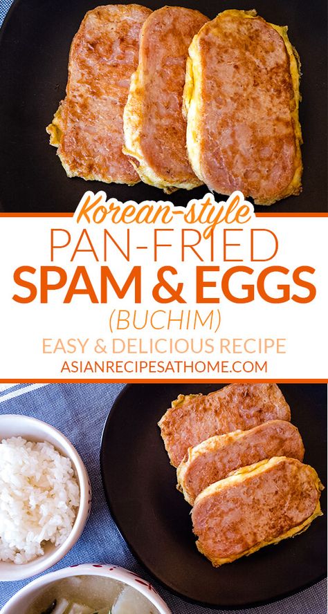 Korean-style Spam & Eggs (Buchim) - Try our Korean-style buchim recipe with Spam slices that are coated in whisked eggs and then pan-fried to a golden brown. Full recipe at AsianRecipesAtHome.com #spamrecipes #easyrecipes #quarantinefood #sidedish #koreanrecipes #koreanfood Spam Dishes Recipes For, Eggs And Spam, Fried Spam And Eggs, Breakfast Ideas With Spam, Spam For Breakfast, Breakfast Spam Recipes, Spam Breakfast Ideas, Meals With Spam, Keto Spam Recipe