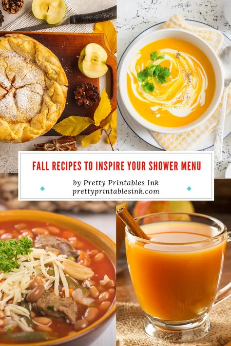 Fall Bridal Shower Lunch Ideas, Fall Shower Menu Ideas, Fall Bridal Luncheon Ideas, Fall Themed Bridal Shower Ideas Food, Fall Bridal Shower Menu Ideas, Fall In Love Bridal Shower Ideas Food, Couple Shower Food Ideas, Wedding Shower Menu Ideas, Fall Baby Shower Menu Ideas