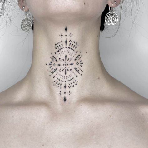 Delicate and Meticulous Tattoo Designs by Blum Neck Tattoos Women Throat, French Tattoo, Throat Tattoo, Boho Tattoos, Neck Tattoos Women, Dot Tattoos, Neck Tattoo For Guys, Nordic Tattoo, Ornamental Tattoo