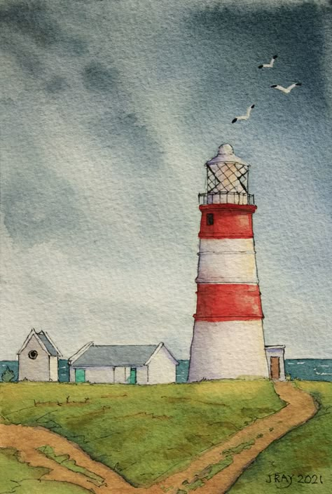 Watercolor Scenery Painting, Lighthouse Sketch, Lighthouse Drawing, Gallery Illustration, Watercolor Scenery, Suffolk England, Watercolor Art Landscape, Watercolor Paintings Nature, Watercolor City