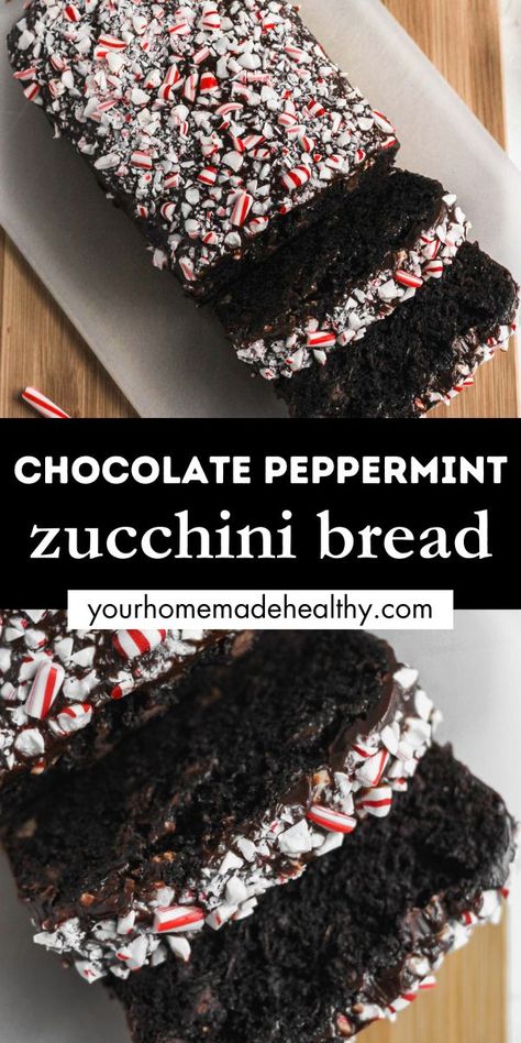 Chocolate zucchini bread decorated with chocolate ganache and topped with crushed candy canes. Peppermint Bread Pudding, Peppermint Mocha Sourdough Bread, Gingerbread Zucchini Bread, Christmas Zucchini Bread, Peppermint Bread Recipes, Chocolate Peppermint Loaf Cake, Chocolate Peppermint Sourdough Bread, Christmas Breads To Make, Healthy Peppermint Desserts