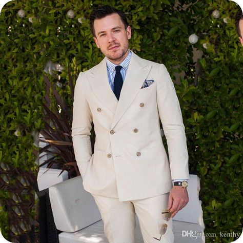 Summer Beach Casual Linen Man Suits for Wedding Groom Tuxedo Double Breasted Peaked Lapel Man Blazer Suit Custom Made Costume Homme Beige Suits Wedding, Wedding Guest Outfit Men, Swimsuit Pants, Terno Slim Fit, Groomsmen Tuxedos, Terno Slim, Cream Suit, Man Jacket, Best Man Wedding