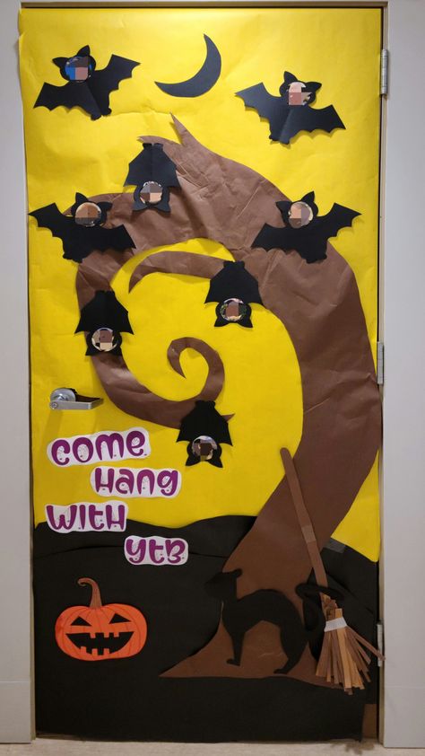 Bat Door Decorations For School, Infant Classroom Door Ideas Halloween, Bat Bulletin Board Preschool, Bat Classroom Door, Bat Themed Classroom Door, Come Hang With Us Halloween Door, Bat Door Decoration, Halloween Toddler Art, Classroom Bat Cave