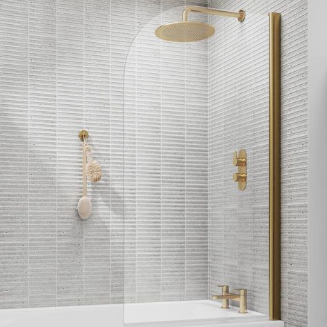 luxura-curved-edge-bath-shower-screen-brushed-brass-6mm Bath Shower Screen, British Bathroom, Bath Screen, Straight Baths, Shower Screens, Aluminum Screen, Bath Shower Screens, Aluminium Profile, Shower Water