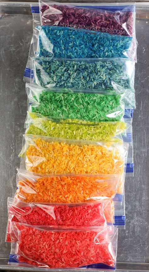 How to Color Rice for Sensory Bins Colored Rice Activities, How To Color Rice With Food Coloring, Sensory Rice Food Coloring, Color Rice Diy, Easy Activities For Kindergarteners, Coloring Rice With Food Coloring, How To Color Rice, How To Color Rice For Sensory Bin, Color Activities For Infants