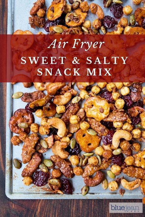 Sweet and salty snack mix is great to make in your air fryer. This recipe is so easy to make homemade snack mix. Serve it at your next party or use it to make great food gifts for anyone on your list. #bluejeanchef #homemadesnacks #airfryer Trail Mix In Air Fryer, Air Fryer Snack Mix Recipes, Rolled Chicken Breast, Blue Jean Chef, Salty Sweet Snacks, Snack Mixes, Airfryer Recipes, Snack Mix Recipes, Happy Food