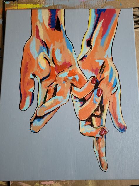 Couple Hand Art Painting, Love Inspired Paintings, In Love Painting Ideas, Art For Couples To Do Together, Colorful Hands Art, Aesthetic Painting Love, Paintings That Represent Love, Connected Paintings Canvases, Hand Painting On Canvas For Couples