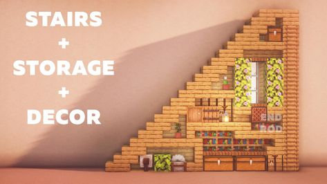 Minecraft Houses Stairs, Minecraft Family Room, Stairs Idea Minecraft, Medium House Minecraft, Minecraft Stairs Design Inside, Minecraft Under Stairs Ideas, Outdoor Stairs Minecraft, Stairs Minecraft Ideas Inside, Minecraft Storage Room Design