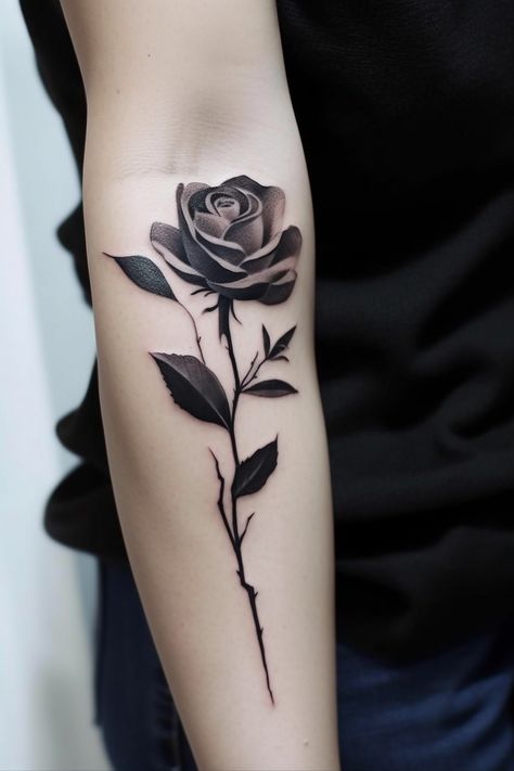 Black Rose Symbolism, Rose Tattoo Color, Black Rose Tattoo Meaning, Dark Roses Tattoo, Flor Tattoo, Floral Back Tattoos, Rose Tattoo Meaning, Rose Tattoo On Arm, Realistic Rose Tattoo