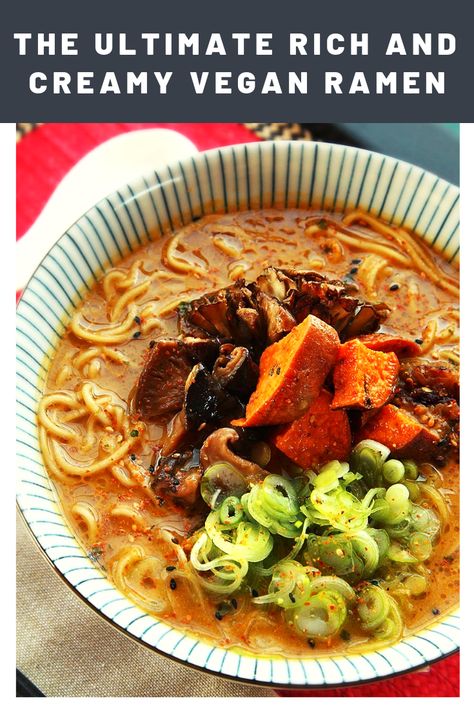 The Ultimate Rich and Creamy Vegan Ramen With Roasted Vegetables and Miso Broth | It's not easy for vegan ramen to go toe-to-toe with pork-studded tonkotsu, but we think that this recipe can hold its own. We might have gone a little overboard, though—the broth is made with fresh and charred vegetables, fresh and dried mushrooms, and a shiitake-based tare, and we top the ramen with charred eggplant, roasted sweet potato, and roasted and simmered mushrooms. Vegan Ramen Broth, Creamy Vegan Ramen, Charred Vegetables, Charred Eggplant, Eggplant Roasted, Ramen Vegan, Vegetarian Ramen, Miso Broth, Ramen Broth