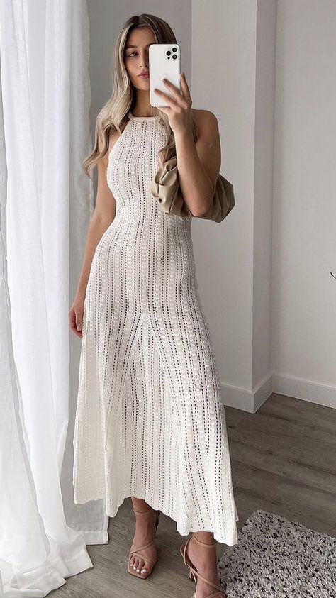 Cream Crochet Dress Outfit, Classy Crochet Outfit, Long Crochet Dress Outfit, Knit Dresses For Women Summer, Crochet Cocktail Dress, Crochet Elegant Dress, Crochet Dress White, White Summer Crochet Dress, Crochet Fashion Dresses