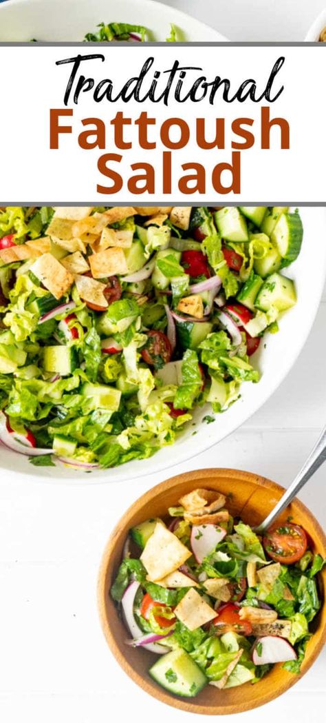 A traditional Fattoush Salad Recipe - fresh vegetables and herbs dressed with a tangy lemon vinaigrette dressing and crunchy pita chips!  #fattoush #fattoushsalad #fattoushsaladrecipe #fattoushsaladdressing #fattoushrecipe #healthysaladrecipe #middleeasternrecipes #saladrecipes #veganrecipes