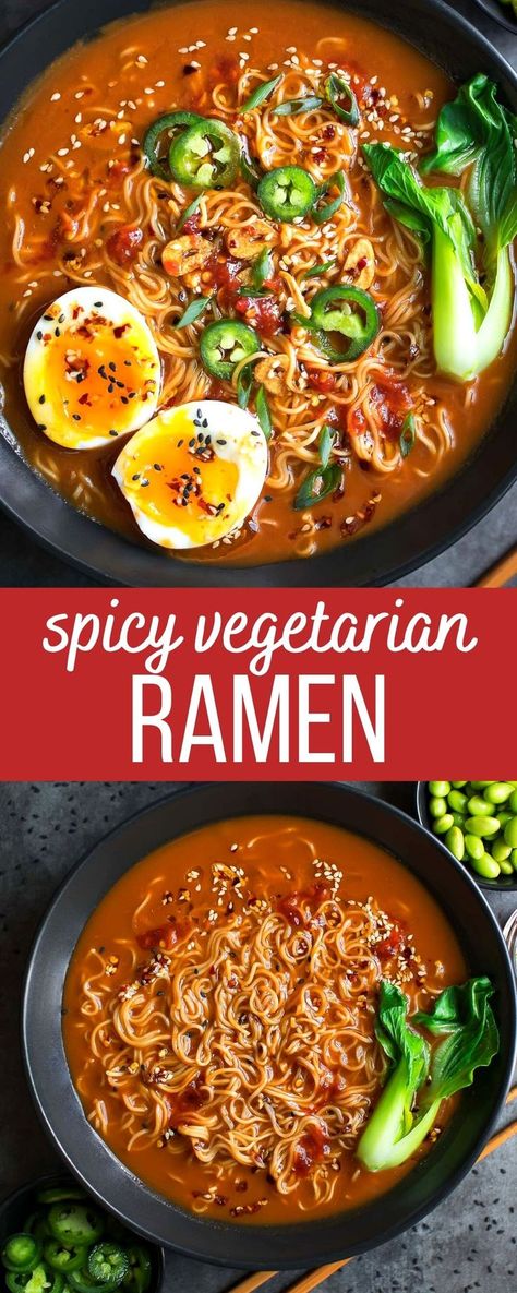 vegetarian ramen noodles with spicy broth, soft boiled eggs, bok chop, jalapeños, chili garlic sauce, and sesame seeds Spicy Ramen Soup, Spicy Ramen Noodle Recipes, Spicy Ramen Recipe, Vegetarian Ramen Recipe, Vegan Broth, Ramen Noodle Recipes Soup, Vegan Ramen Recipes, Garlic Chili Oil, Spicy Vegetarian Recipes