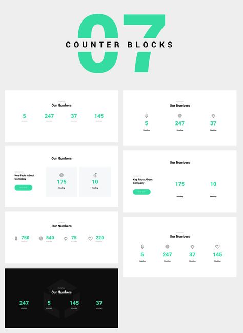 7 Counter Blocks. Wireframes. Numerals always accent the attention of visitors. Usually, counters are used to display the company's attainments, for example: "We work in 20 countries," "More than 1,000 downloads", "1,000 successfully completed projects," etc. Website Statistics Design, Web Design Blocks, Web Design Page Blocks, Web Page Design Layout, Website Counter, Webpage Design Layout, Desain Ux, Ui Design Mobile, Fashion Web Design