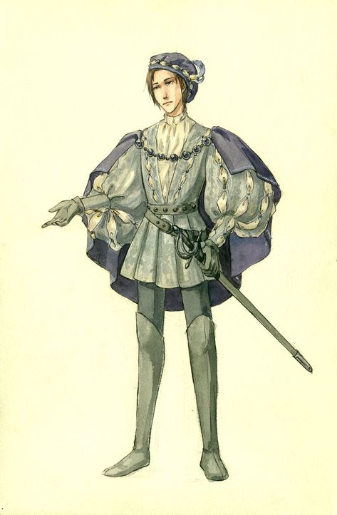 The Tempest. Representation of prince Ferdinand. Medieval Prince Outfit, Romeo And Juliet Costumes, Medieval Prince, French Prince, Prince Drawing, Costume Design Sketch, Prince Clothes, Prince Costume, The Tempest