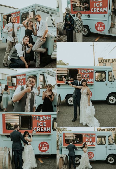 Ice Cream Truck For Wedding, Food Truck Wedding Photos, Good Truck Wedding, Ice Cream Truck Wedding Reception, Wedding Soft Serve Ice Cream Bar, Backyard Wedding Food Truck, Wedding Ice Cream Truck, Wedding Food Truck Ideas, Ice Cream At Wedding