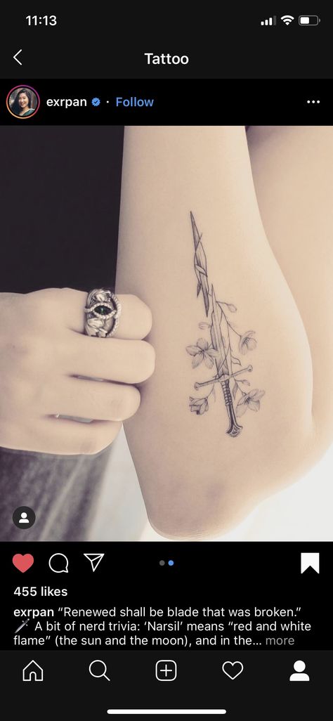 Lotr Spine Tattoo, Lotr Swords, Feminine Shoulder Tattoos, Lotr Tattoo, Light Tattoo, Spine Tattoo, Shoulder Tattoo, Tattoos And Piercings, Triangle Tattoo