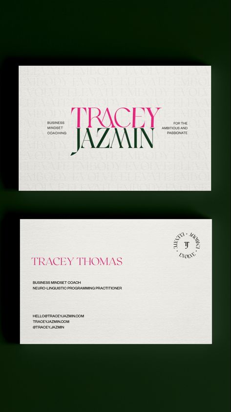 Laid back luxury business cards design for Tracey Jazmin, inspired by the vibe of Beverley Hill Hotels | feminine branding, business card inspo, custom business cards, colorful branding, sophisticated branding, brand design, branding for coaches, marketing collaterals, graphic design inspiration, small business cards Feminine Business Cards, Business Card Design Creative Ideas, Coach Business Card, Business Coach Logo, Branding Business Card, Sophisticated Business Card, Sophisticated Branding, Laid Back Luxury, Designer Business Card