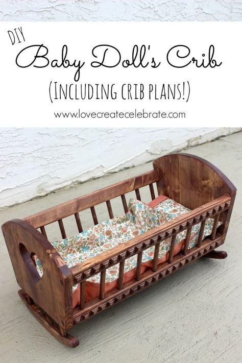 A beautiful DIY Baby Doll's Crib with free downloadable woodworking plans. This DIY baby doll cradle will be loved for years by your littles ones. A great tutorial for that perfect piece of DIY baby doll furniture. Diy Baby Doll Crib, Baby Doll Cradle, Cradle Woodworking Plans, Wooden Baby Crib, Baby Doll Crib, Baby Doll Furniture, Downloadable Woodworking Plans, Bed Woodworking Plans, Baby Crib Diy