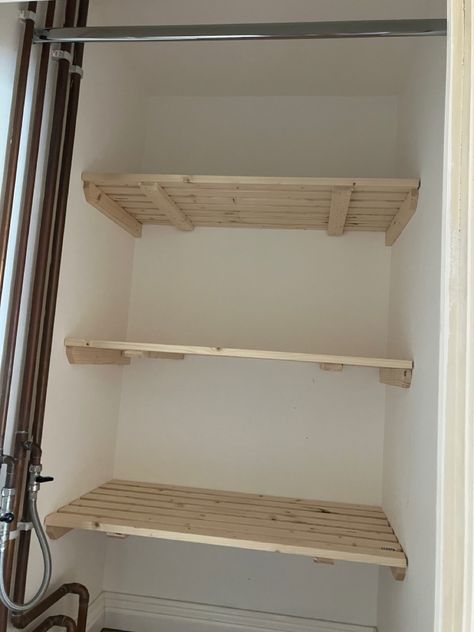 Airing Cupboard Ideas Storage, Airing Cupboard Shelving, Airing Cupboard Storage, Landing Cupboard, Airing Cupboard, Linen Cupboard, Clothes Rail, Laundry Storage, Family Bathroom