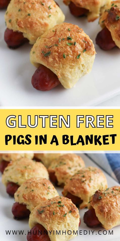 You only need five ingredients to make these easy gluten free pigs in a blanket for your next party! They're a delicious appetizer recipe perfect for feeding a crowd. Whip up this simple GF snack for birthdays, potlucks, or even Super bowl Sunday! Gluten Free Appetizer Recipes, Food To Feed A Crowd, Gluten Free Finger Foods, Gluten Free Crescent Rolls, Gluten Free Appetizer, Gluten Free Recipes Appetizers, Easy Finger Food, Gluten Free Sausage, Little Smokies