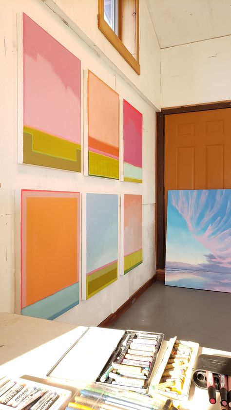 Paintings by Catherine Freshley from artist residency in Oregon. Inspiration sourced from color combos! Studio Color Ideas, Cool Diy Art, How To Canvas Painting, Vertical Canvas Painting, Tryptich Art Ideas Inspiration, Canvas Print, Large Colorful Abstract Painting, Art On Walls, Abstract Art Flowers